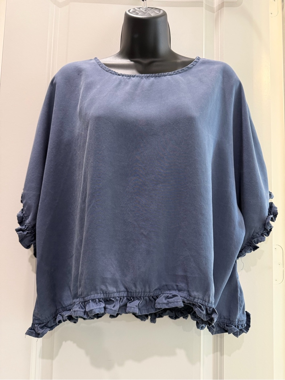 For Cynthia Blue Tencel Ruffle Dolman Blouse Top Size L